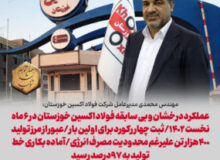 عملکرد درخشان و بی سابقه فولاد اکسین خوزستان در ۶ ماه نخست ۱۴٠۲/ثبت چهار رکورد برای اولین بار/عبور از مرز تولید ۴٠٠هزار تن علیرغم محدودیت مصرف انرژی/آماده بکاری خط تولید به ۹۷درصد رسید